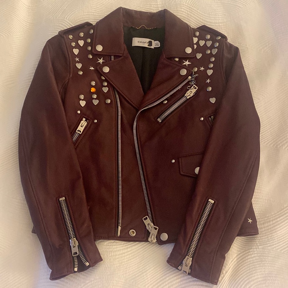 Coach Bordeaux Leather Jacket with Studded Detail